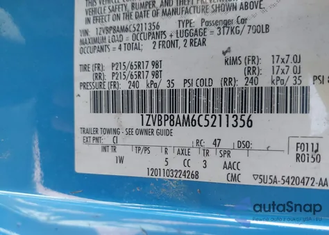 2012 Ford Mustang V6 from USA, damaged, VIN 1ZVBP8AM6C5211356